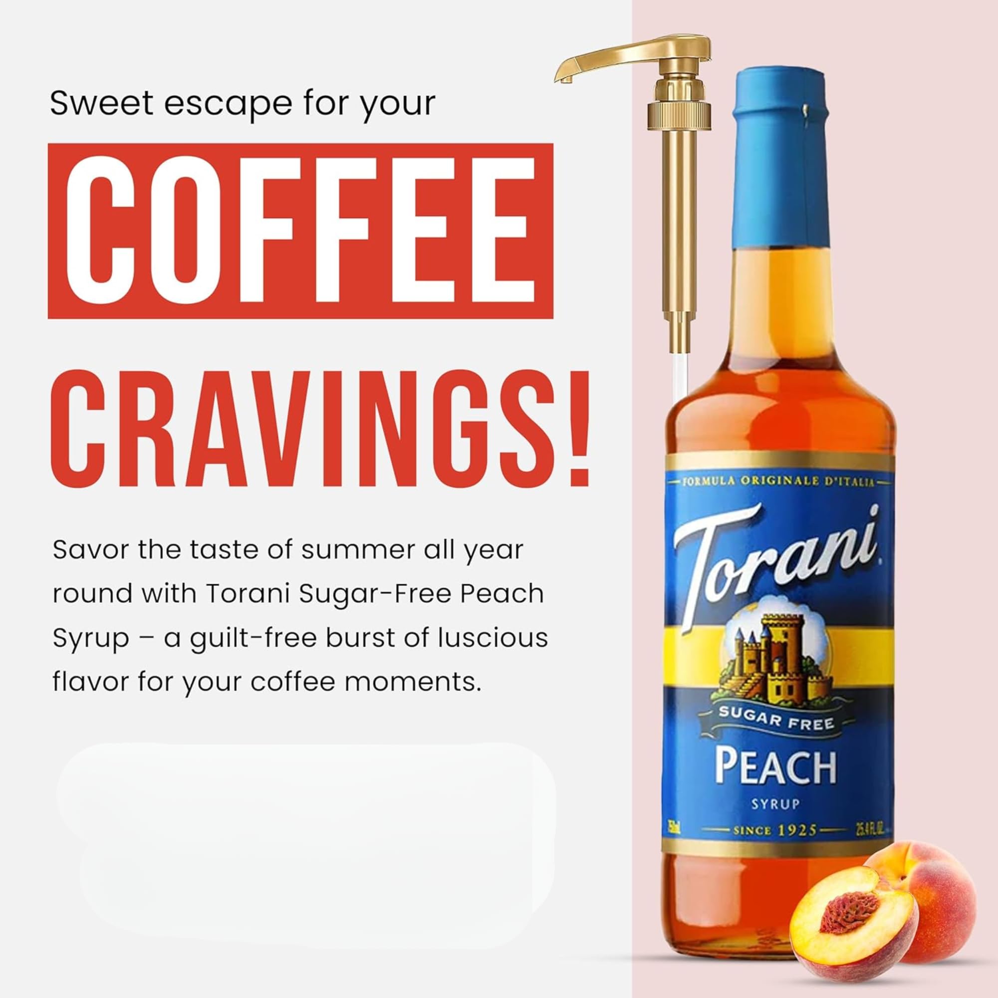 Torani peach syrup poured into a coffee cup with aroma.