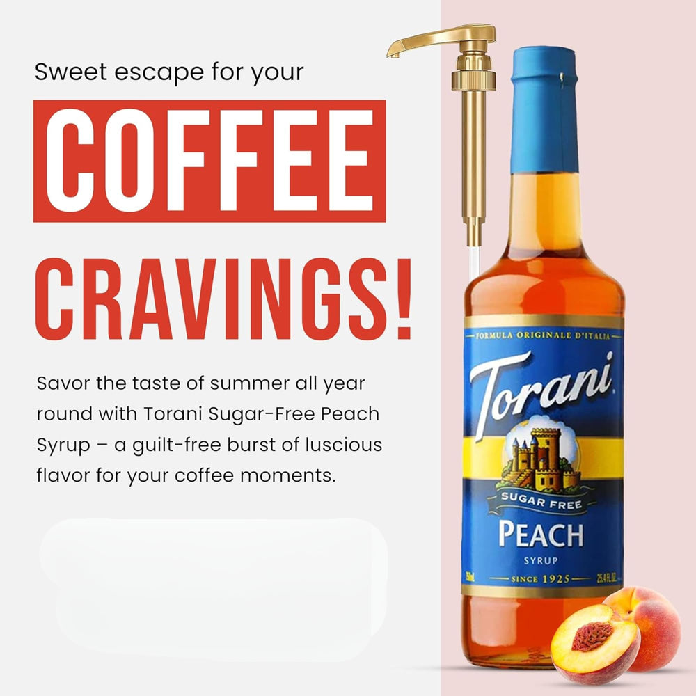 Torani peach syrup poured into a coffee cup with aroma.