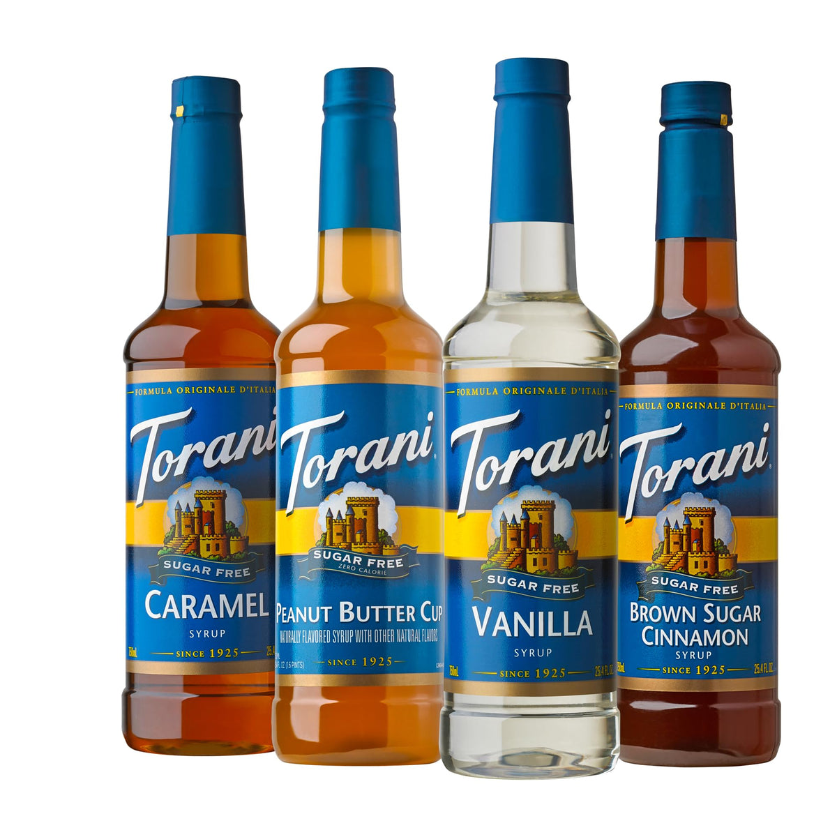 Torani Sugar Free Peanut Butter Cup bottle close-up for keto-friendly coffee