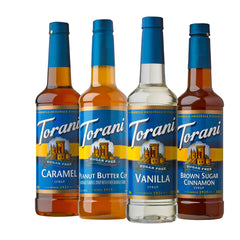 Torani Sugar Free Peanut Butter Cup bottle close-up for keto-friendly coffee