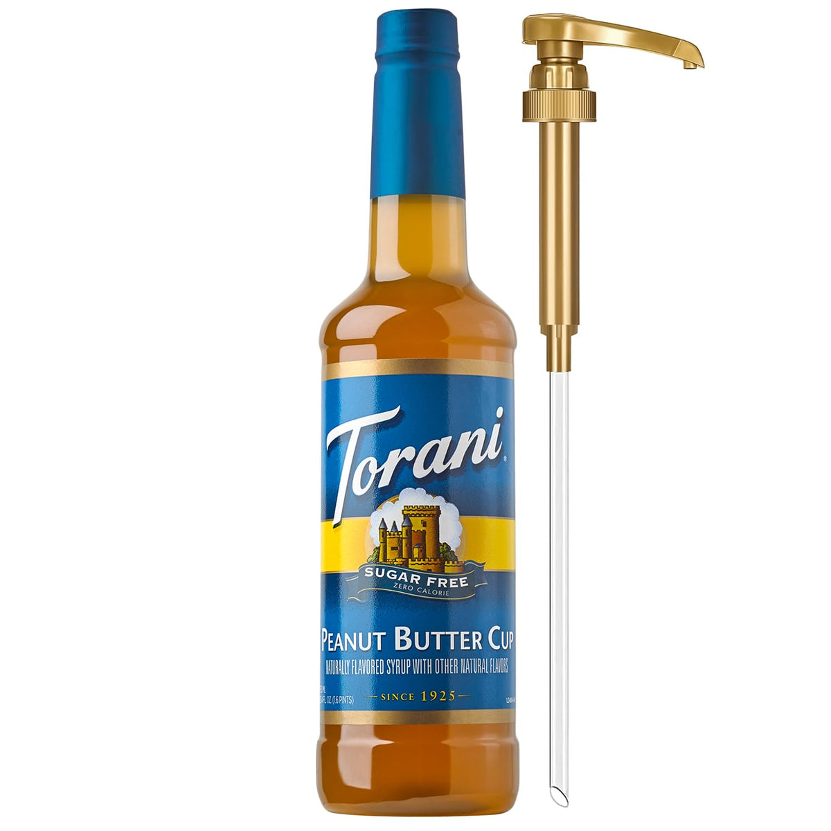 Torani sugar-free peanut butter cup syrup bottle pour enhances flavor without calories
