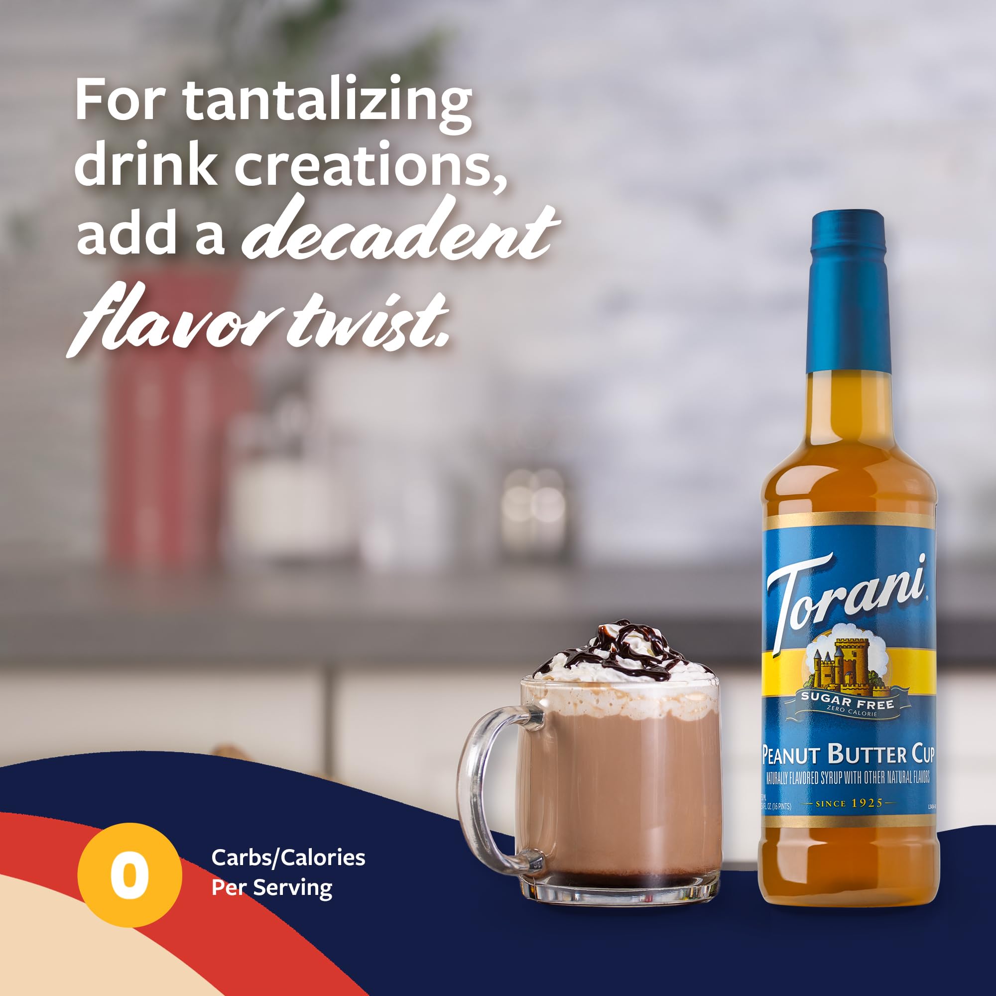 Torani sugar-free peanut butter cup syrup cold brew glass delivers rich, dairy-free taste