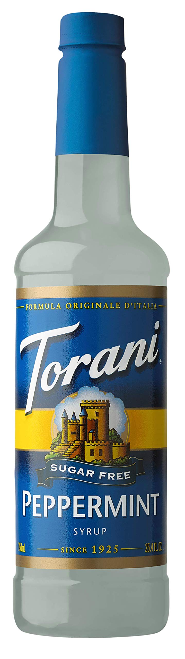 Torani Sugar Free Peppermint Syrup bottle adds zero-calorie peppermint flavor to coffee.