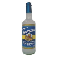 Pouring Torani Sugar Free Peppermint Syrup into a drink for a refreshing sugar-free twist.
