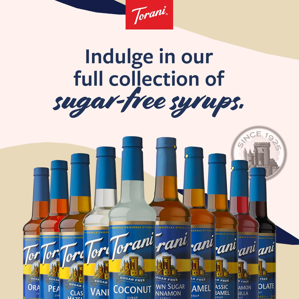 Torani Sugar Free Pumpkin Pie Syrup bottle on countertop for quick café-style drinks.