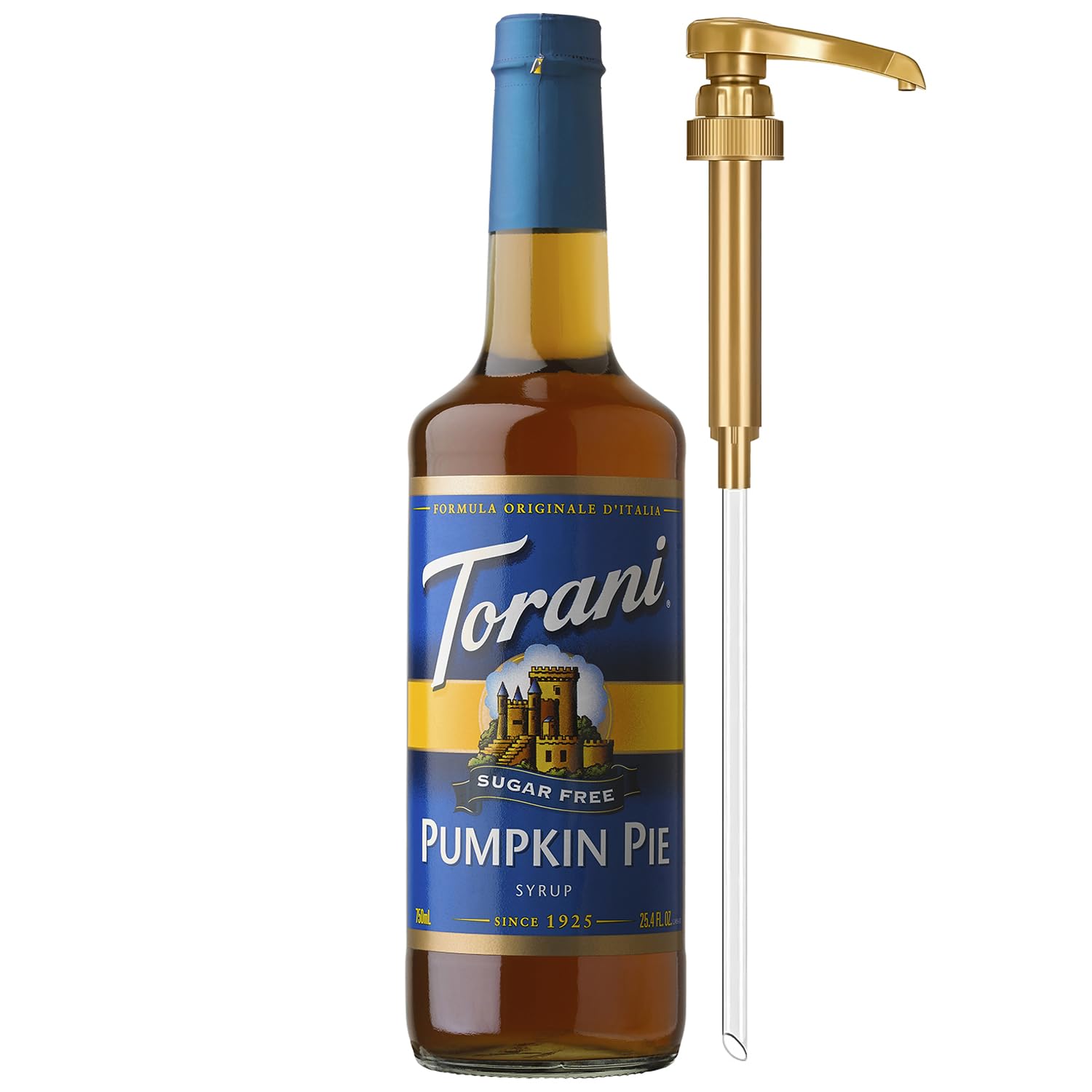 Torani Sugar Free Pumpkin Pie Syrup bottle with pump for quick, zero-calorie flavoring.
