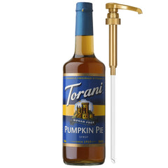 Torani Sugar Free Pumpkin Pie Syrup bottle with pump for quick, zero-calorie flavoring.