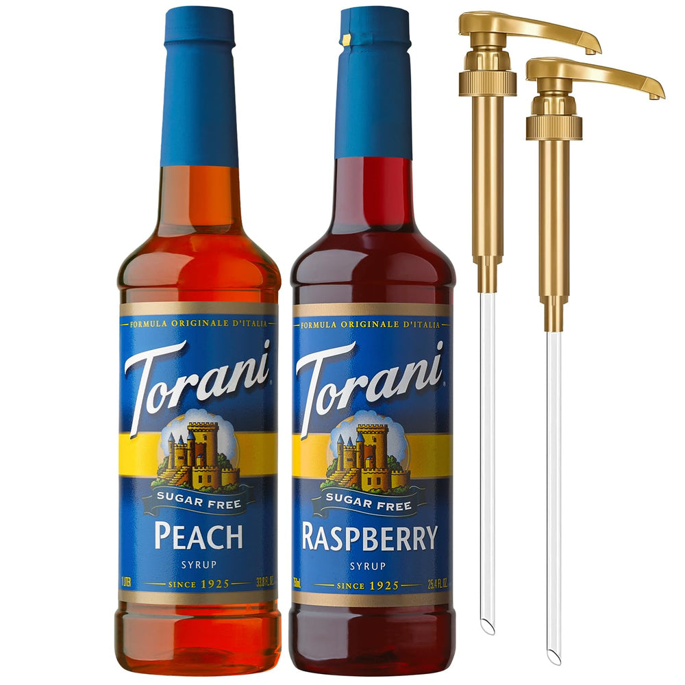 Torani sugar-free raspberry syrup bottle pour for refreshing drinks.