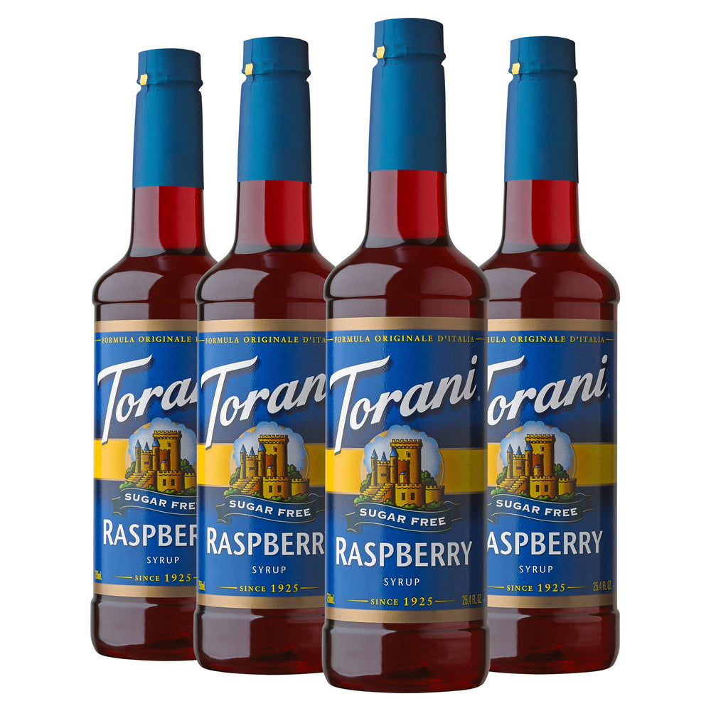 Torani Sugar Free Raspberry Syrup bottle with zero sugar and calories.