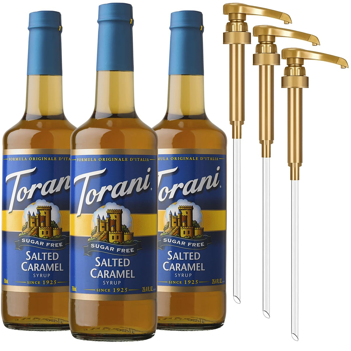 Torani Sugar Free Salted Caramel bottle with pump for mess-free flavoring