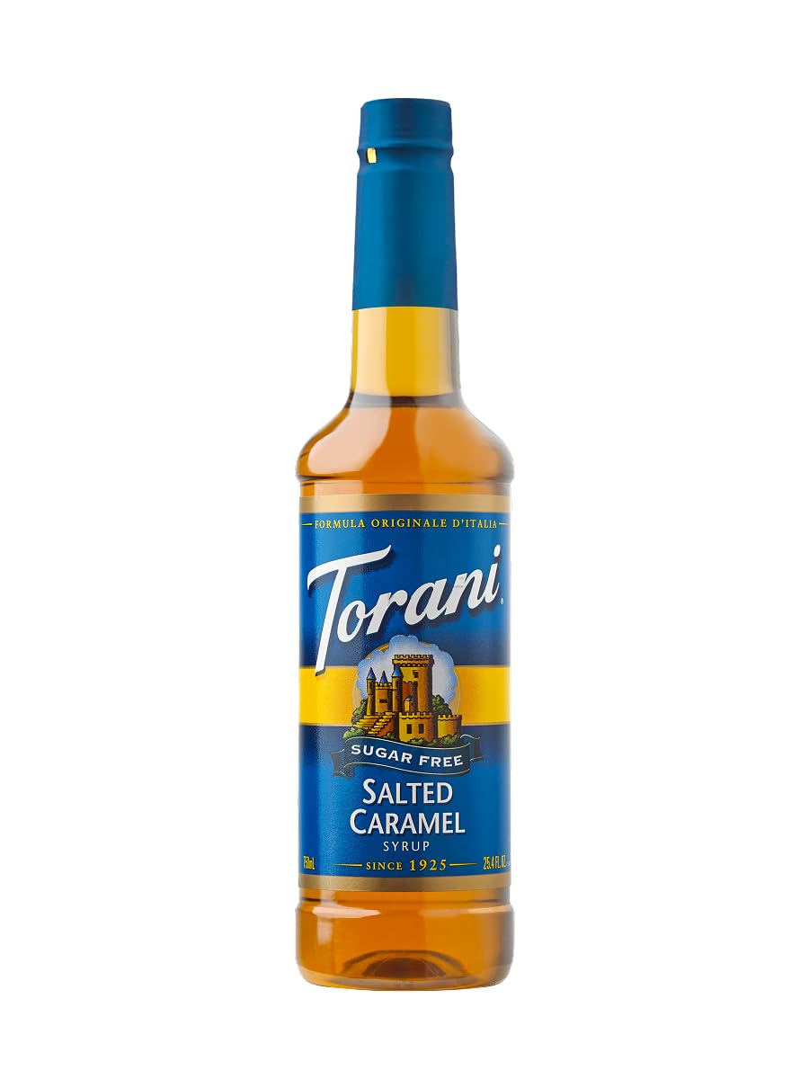 Torani Sugar Free Salted Caramel bottle showcases sugar-free caramel flavor for beverages