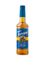 Torani Sugar Free Salted Caramel bottle showcases sugar-free caramel flavor for beverages