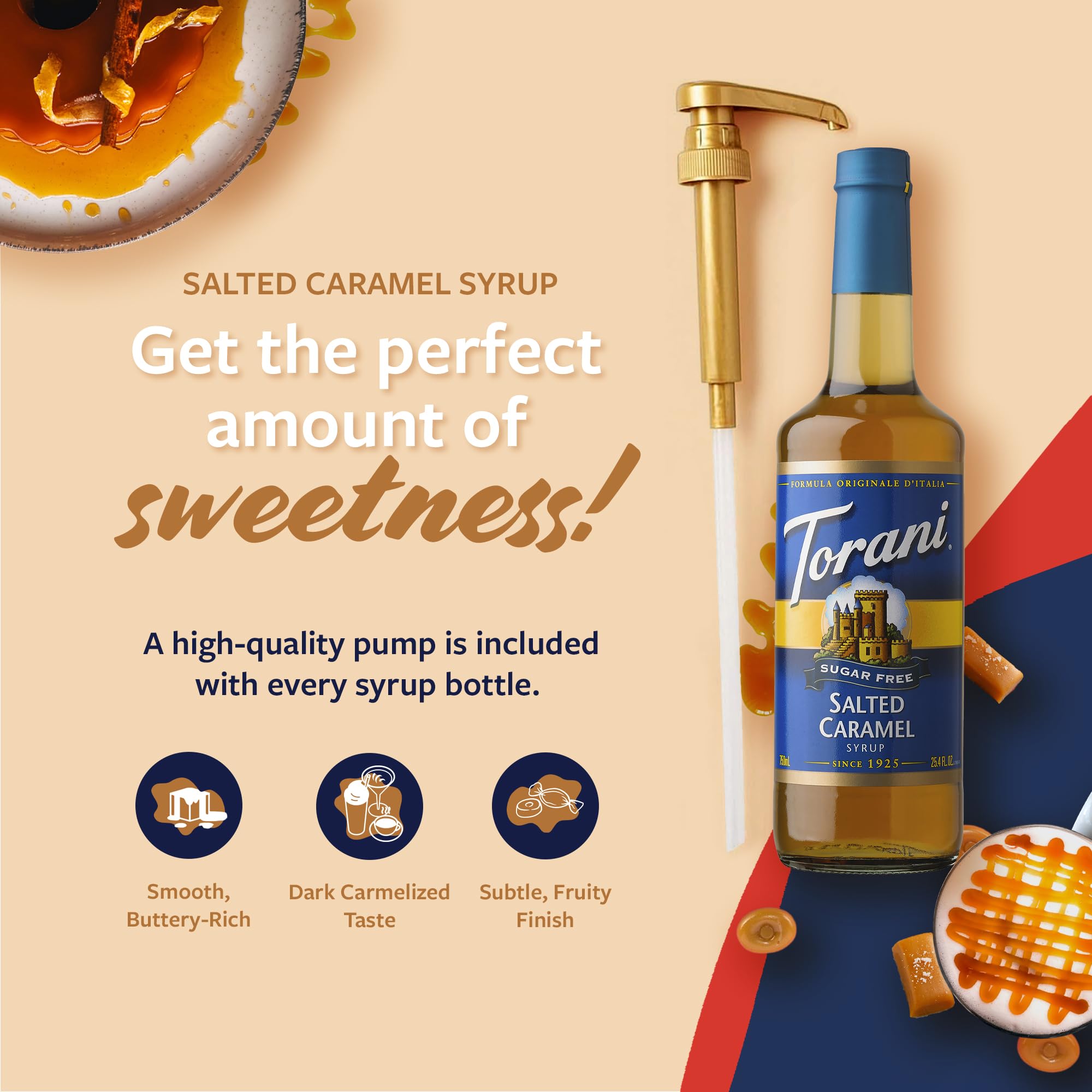Close-up of Torani Sugar Free Salted Caramel label for easy identification