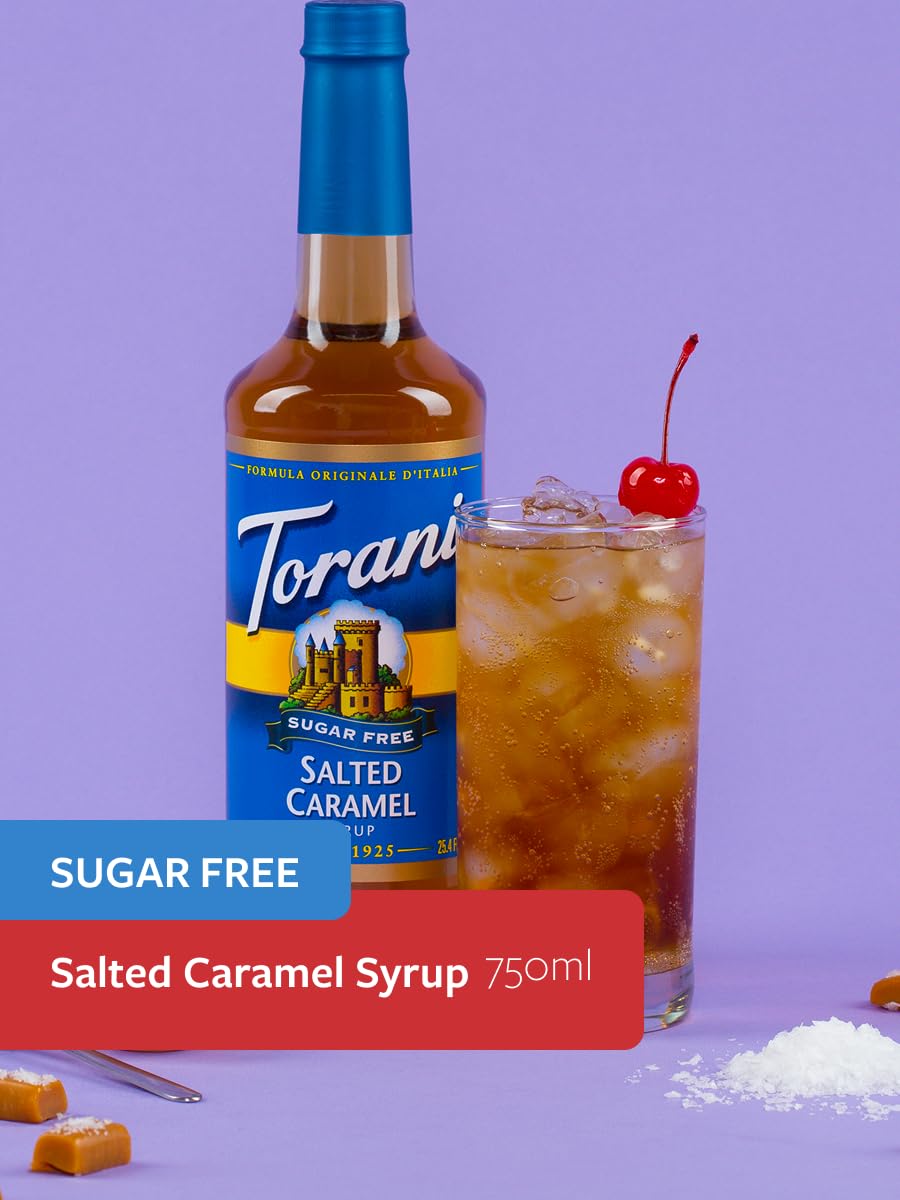 Pouring Torani Sugar Free Salted Caramel syrup highlights drizzle-ready sweetness