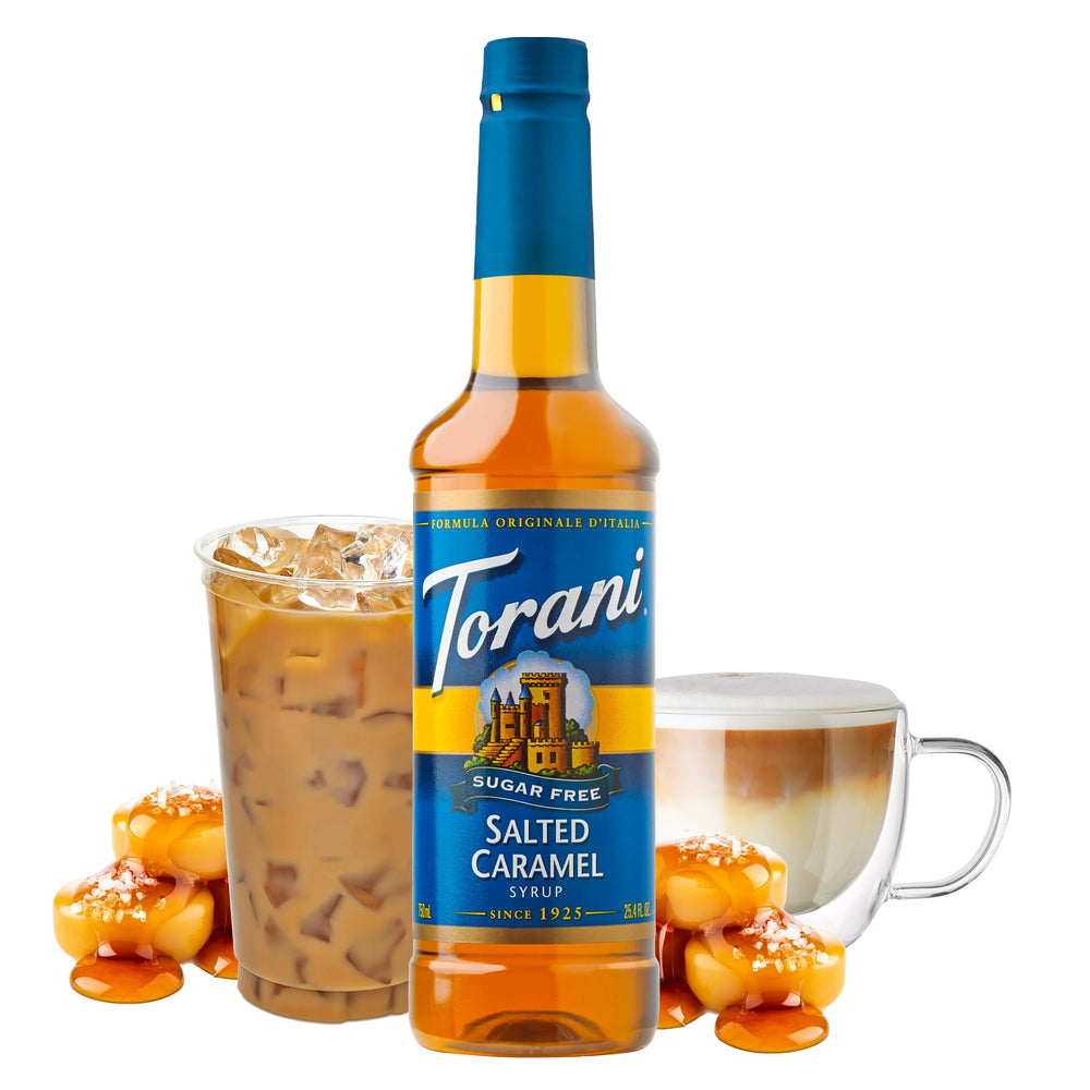 Torani Sugar-Free Salted Caramel pour bottle for easy drizzle on lattes and iced drinks.