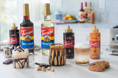 Torani Sugar Free White Chocolate label close-up highlighting Puremade ingredients.