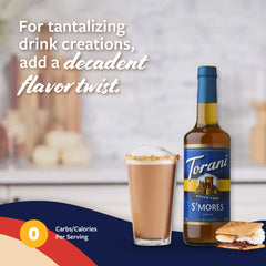 Close-up of Torani Sugar-Free Smores label on the glass bottle for cafe-ready flavor.
