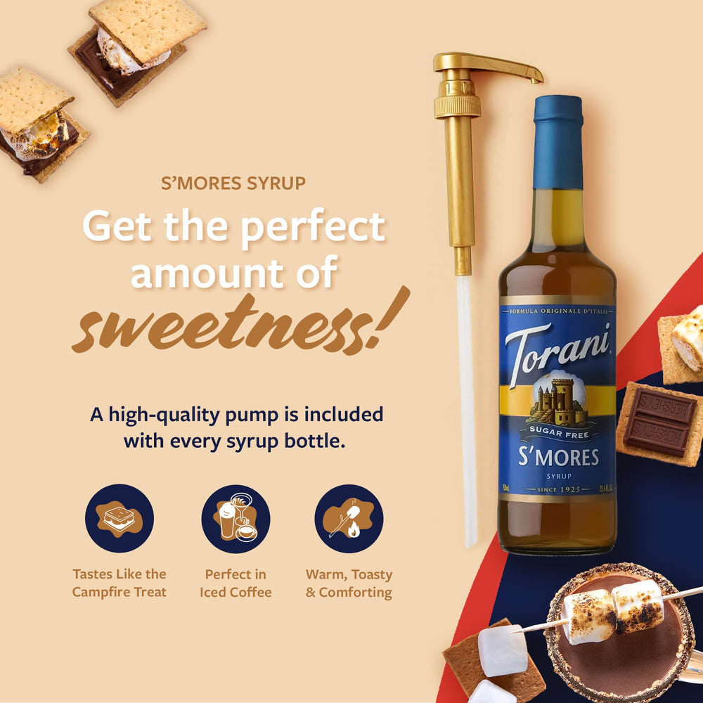 Pouring Torani Smores syrup into a latte for a creamy, zero-calorie treat.