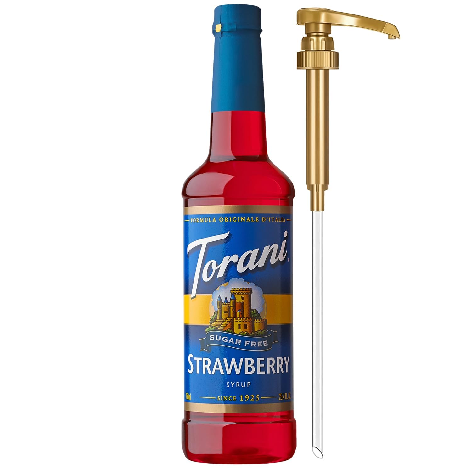Torani Sugar Free Strawberry Syrup pump for zero-calorie flavoring in beverages