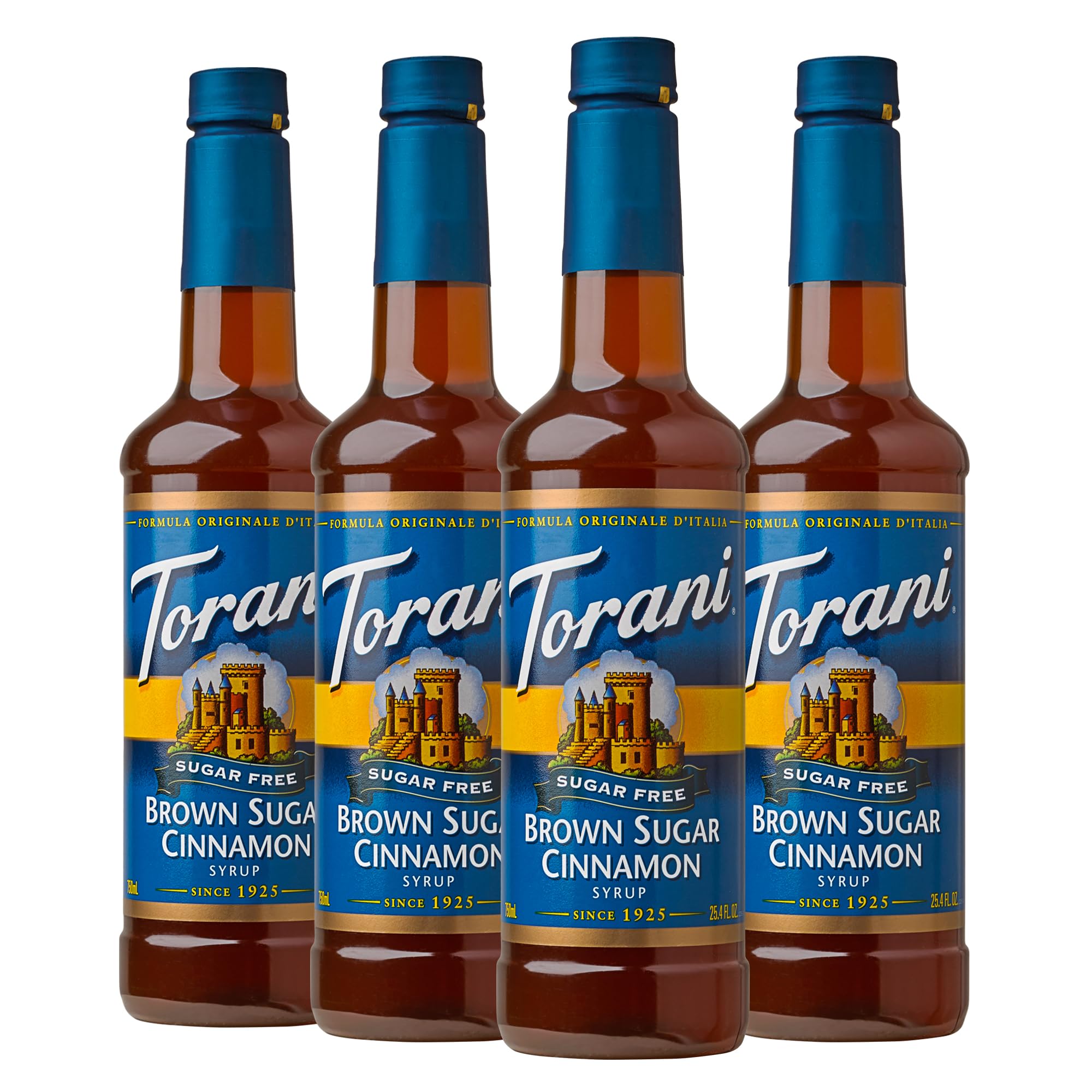 Torani Sugar-Free Syrup Brown Sugar Cinnamon bottle pour for rich, sugar-free flavor in coffee