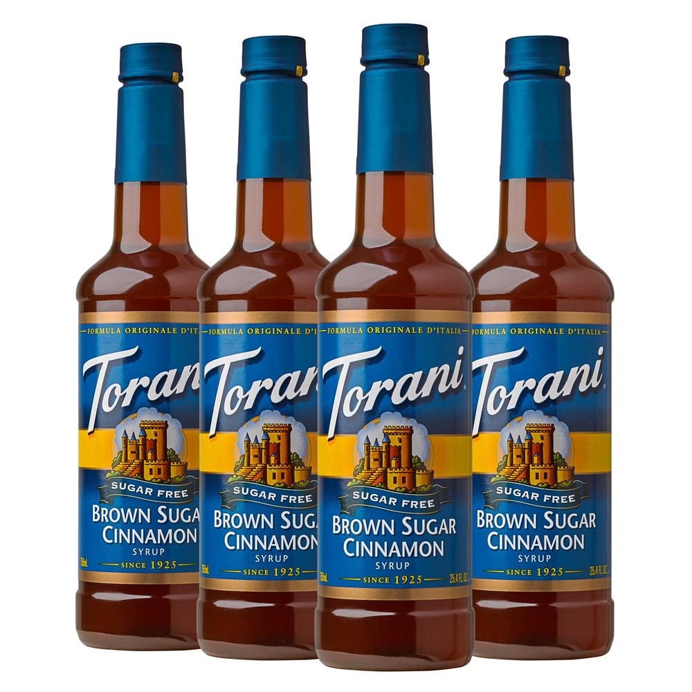 Torani Sugar-Free Syrup Brown Sugar Cinnamon bottle pour for rich, sugar-free flavor in coffee