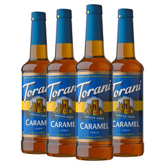 Torani Sugar Free Caramel syrup bottle front, zero calories for keto-friendly coffee