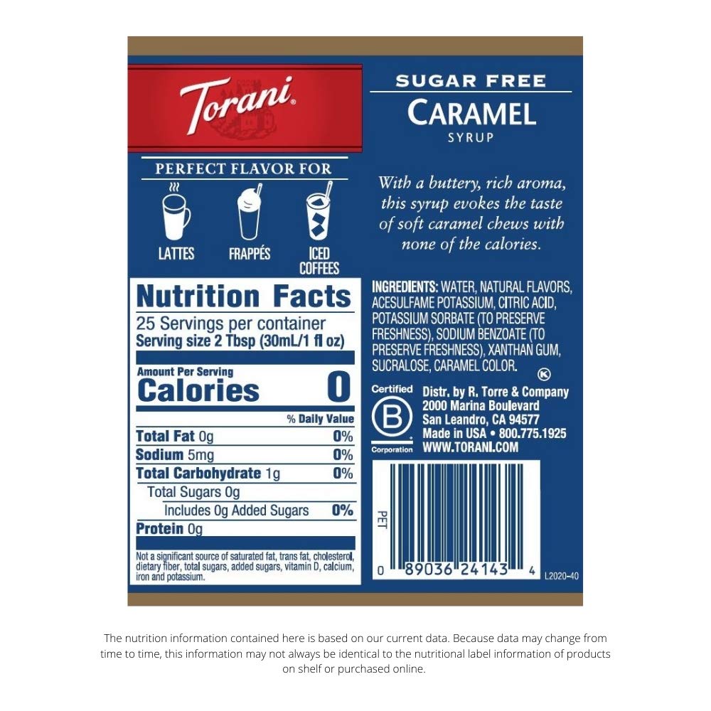 Torani Sugar Free Caramel syrup bottle pour, enhances latte flavor without sugar