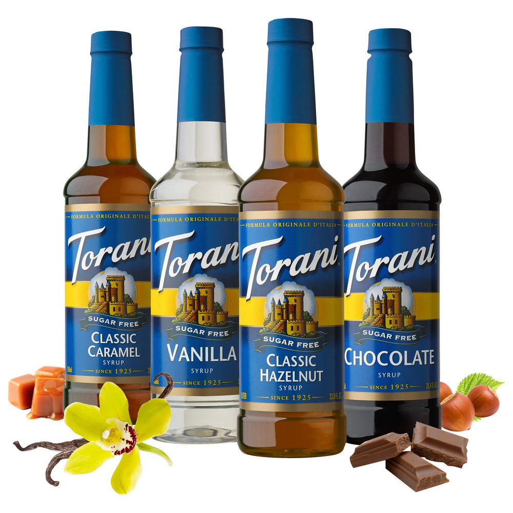 Torani Sugar Free Caramel syrup bottle with buttery notes for beverages.