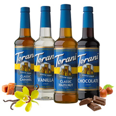 Torani Sugar Free Caramel syrup bottle with buttery notes for beverages.