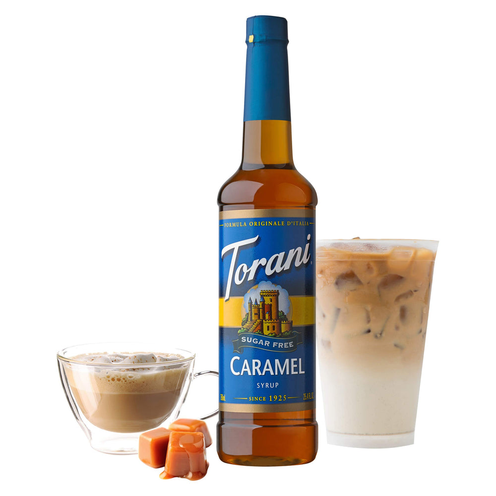 Torani Sugar Free Caramel syrup in a glass latte, rich caramel aroma without sugar