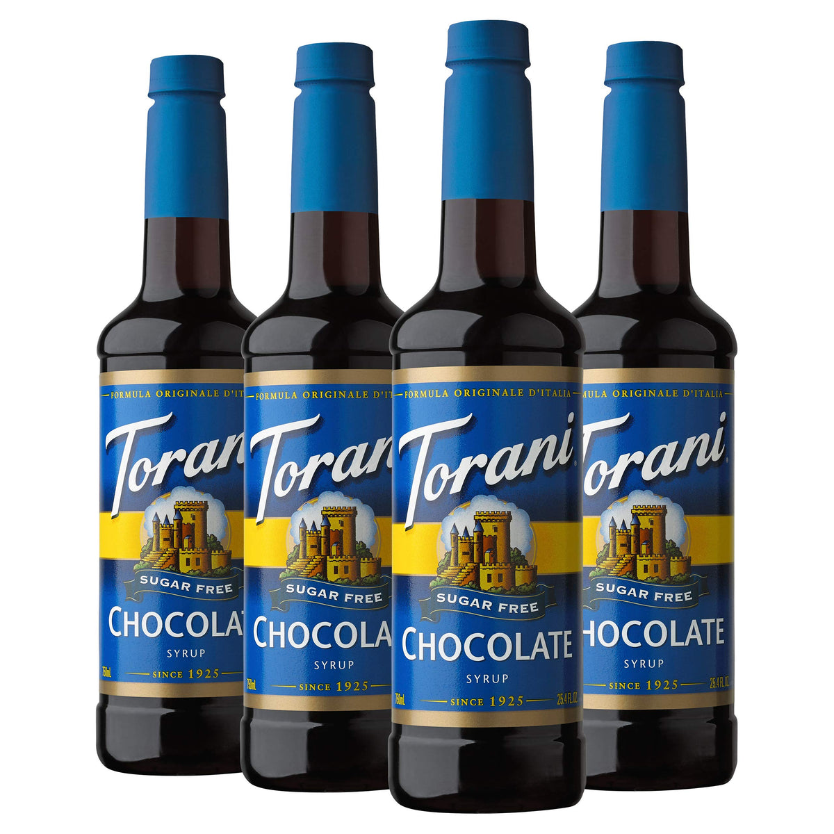 Torani Sugar Free Chocolate syrup bottle pouring into coffee for a rich, guilt-free flavor.