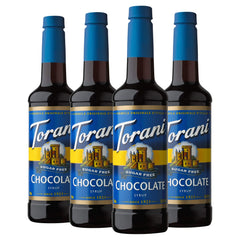 Torani Sugar Free Chocolate syrup bottle pouring into coffee for a rich, guilt-free flavor.
