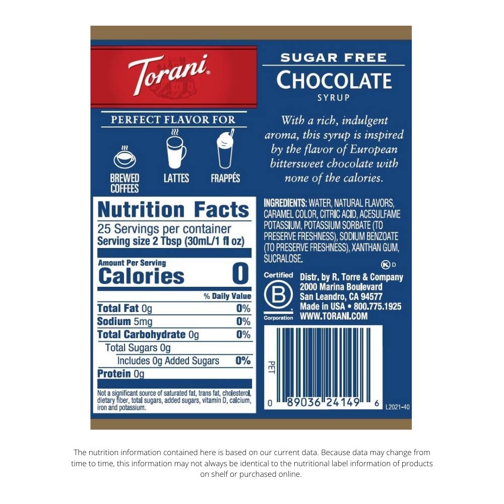 Torani Sugar Free Chocolate syrup bottle beside a latte for keto-friendly indulgence.