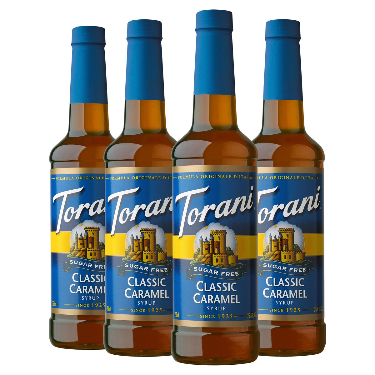 Torani Sugar Free Classic Caramel bottle pours into coffee for zero-calorie flavor