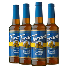 Torani Sugar Free Classic Caramel bottle pours into coffee for zero-calorie flavor