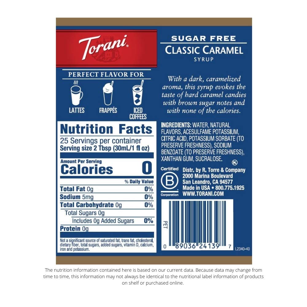 Torani Sugar Free Classic Caramel label close-up highlighting keto-friendly flavor