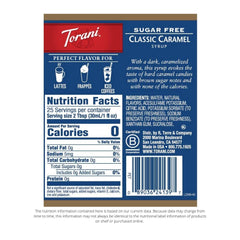 Torani Sugar Free Classic Caramel label close-up highlighting keto-friendly flavor
