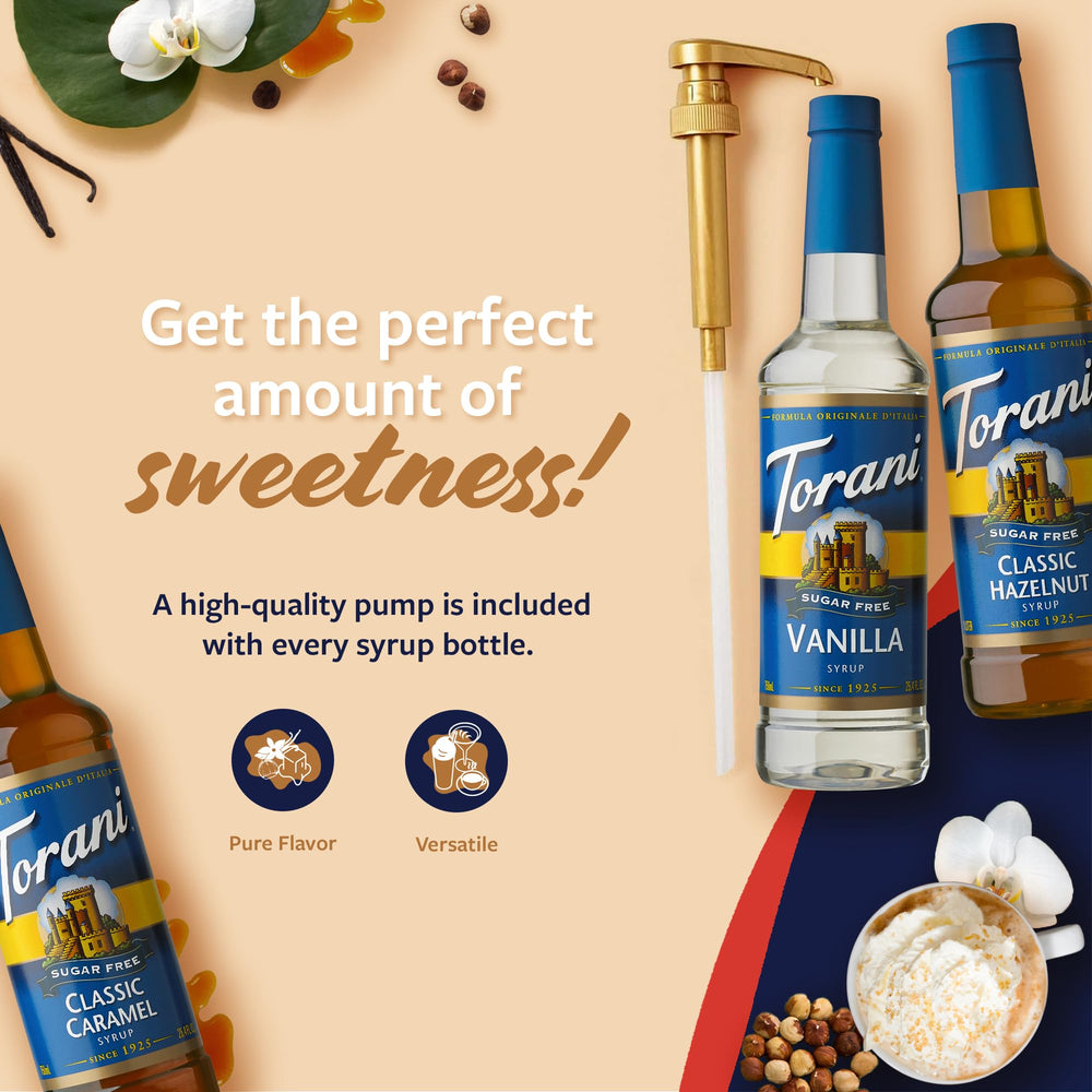 Torani Classic Hazelnut Sugar-Free Syrup bottle with pump for cozy, nutty beverages