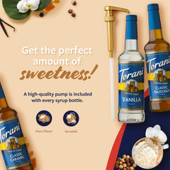 Torani Classic Hazelnut Sugar-Free Syrup bottle with pump for cozy, nutty beverages
