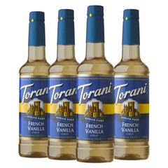 Torani Sugar-Free French Vanilla syrup bottle, ideal for sugar-free coffee flavor
