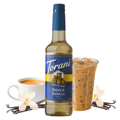 Torani Sugar-Free French Vanilla syrup with glass of tea for sugar-free flavor