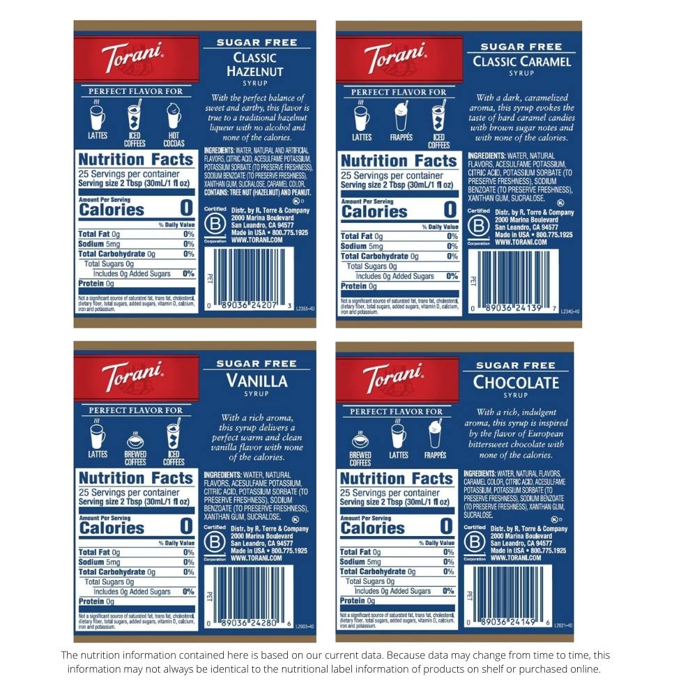 Torani Sugar Free Hazelnut syrup bottle adds rich flavor to coffee.