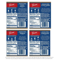 Torani Sugar Free Hazelnut syrup bottle adds rich flavor to coffee.