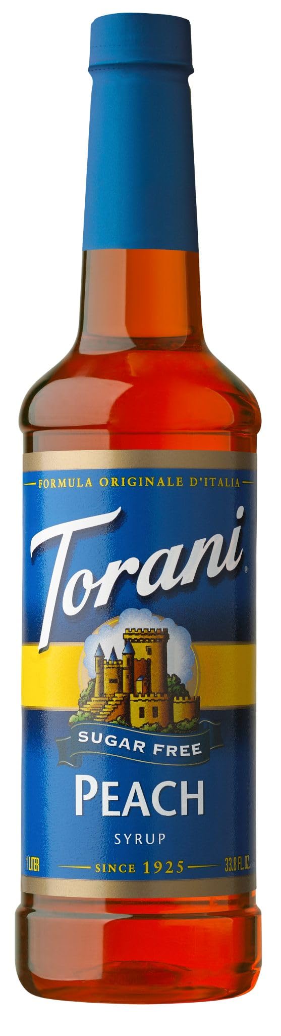 Torani Sugar Free Peach Syrup bottle on countertop for peach iced tea.