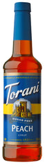 Torani Sugar Free Peach Syrup bottle on countertop for peach iced tea.