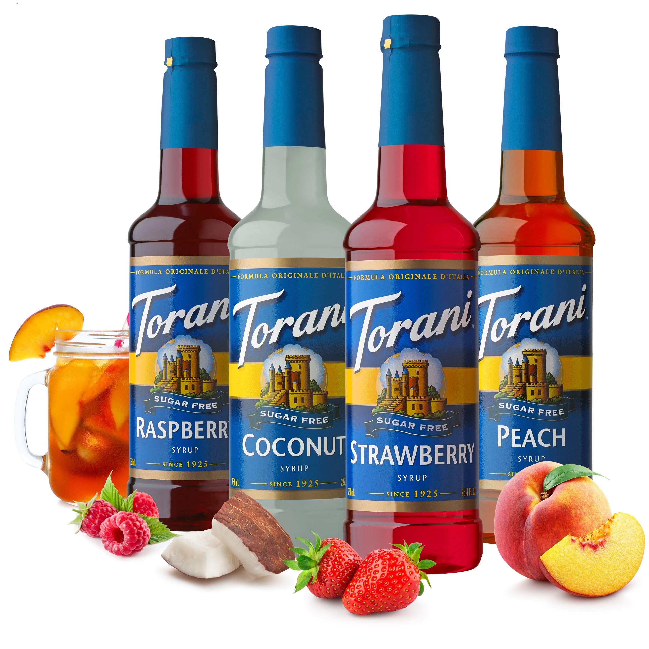 Torani peach sugar-free syrup bottle front for refreshing iced teas.