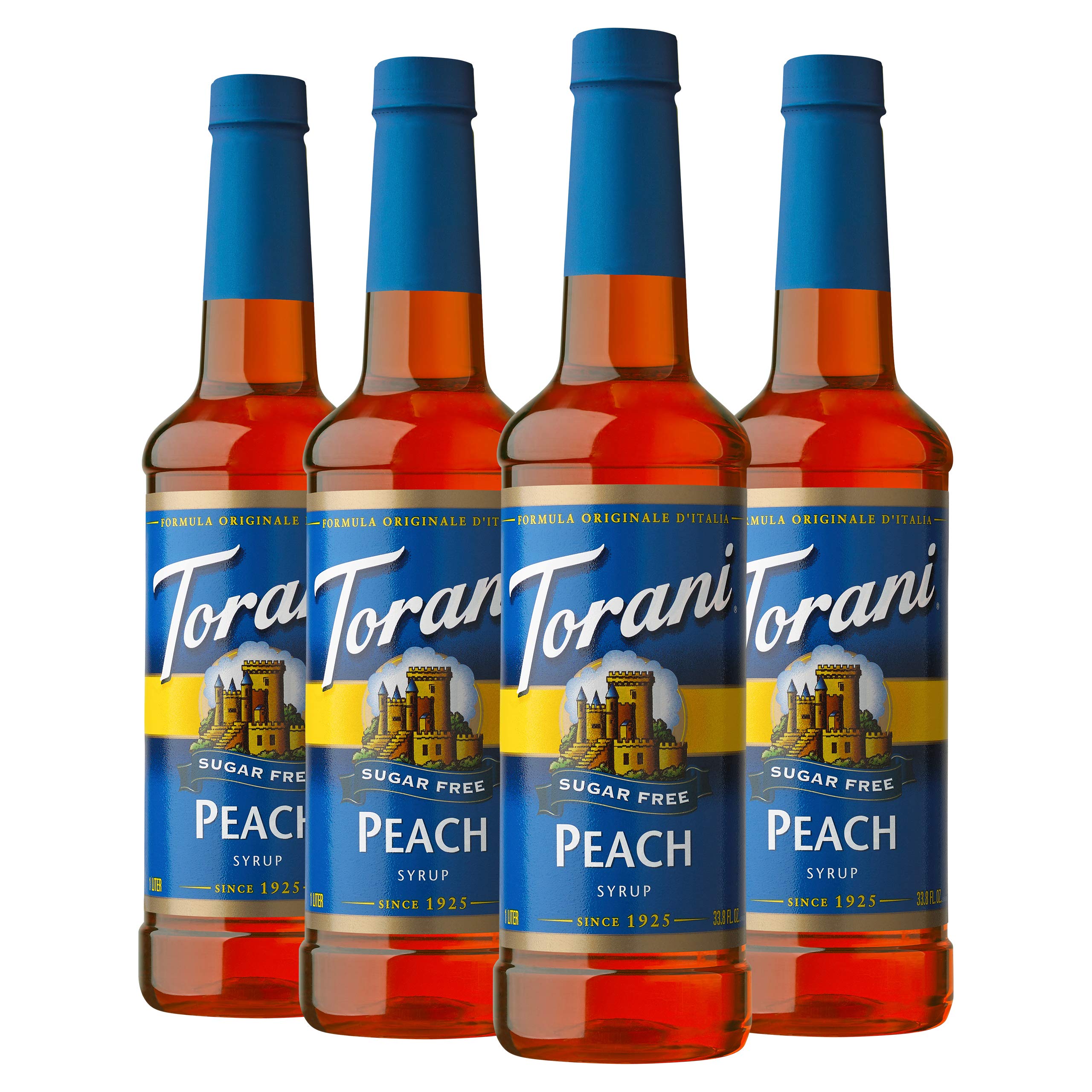Torani Sugar Free Peach syrup bottle pouring for fruity, sugar-free flavor.