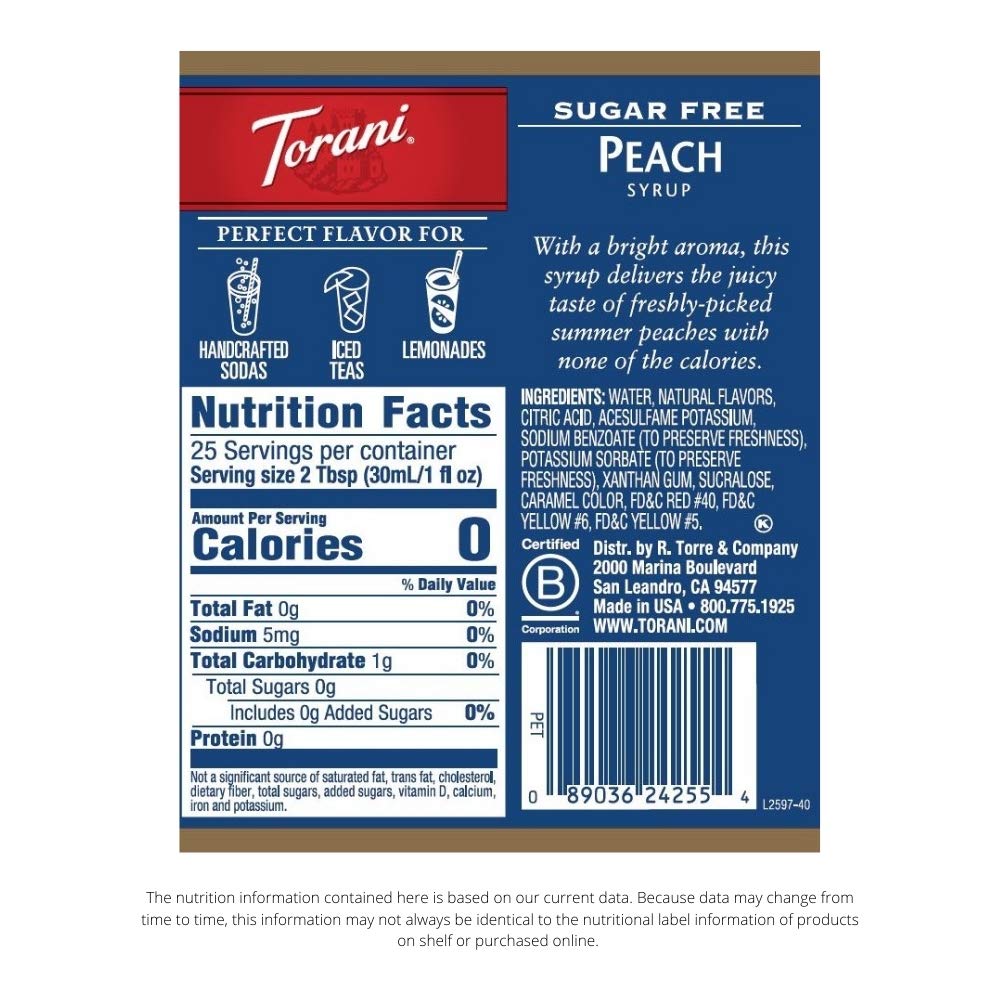 Torani Peach Sugar Free Syrup in a glass showcases zero-calorie peach twist.