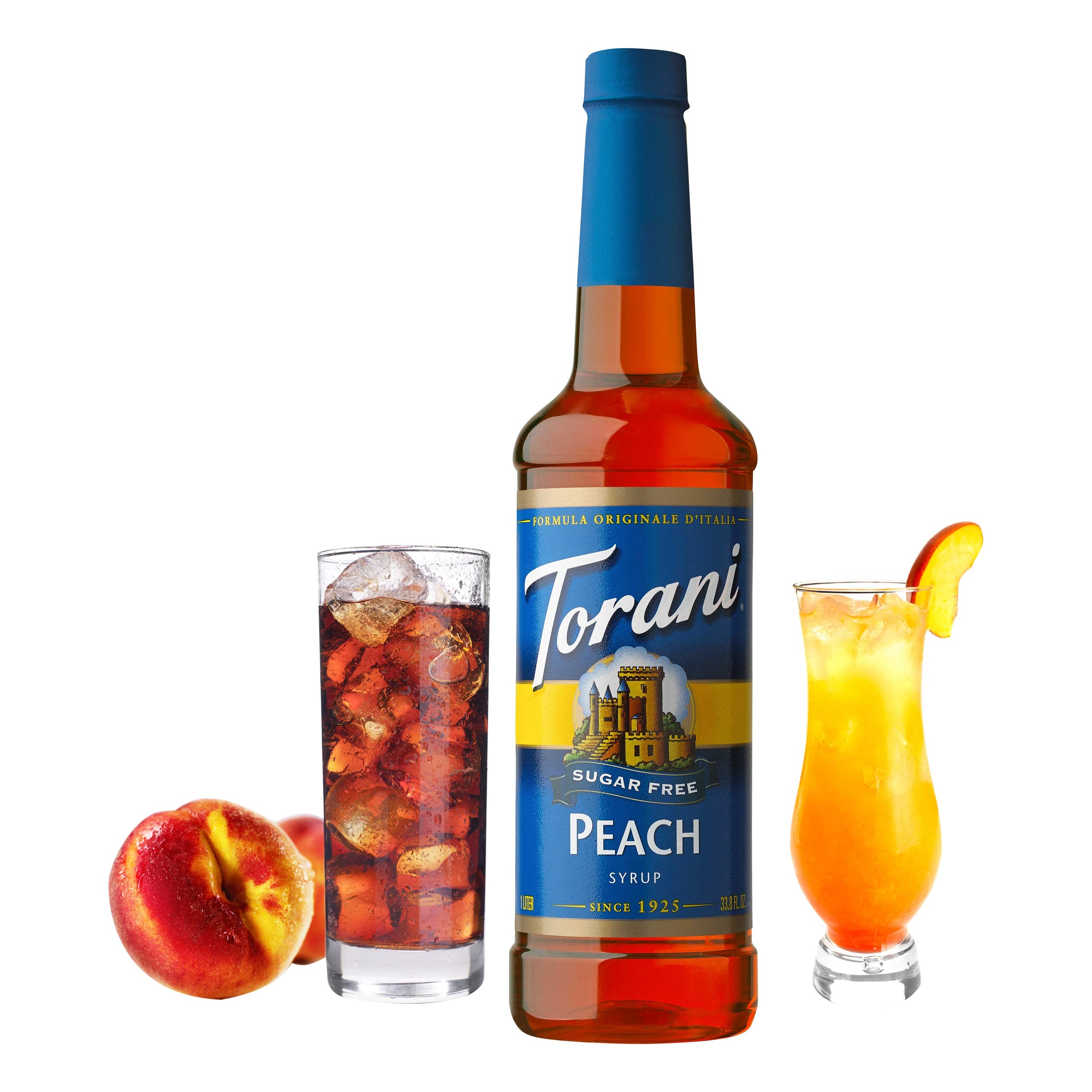 Close-up of Torani Peach Sugar Free Syrup ingredients and natural flavors.