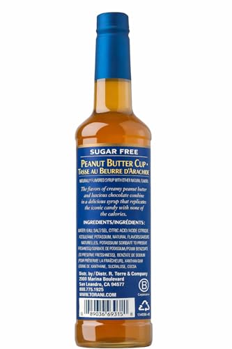 Pack of four Torani Sugar-Free Peanut Butter Cup bottles for versatile home flavoring.